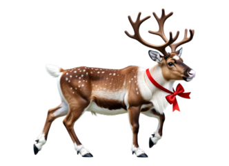 Brown and White Reindeer with Red Bow, Transparent Background, 3D Realism Cutout