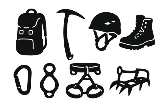 Mountain climbing gear icon set. Vector silhouettes for outdoor adventure and hiking. Alpinism equipment collection with backpack, ice axe, helmet, boots, and carabiner.