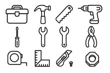 Toolbox and workshop line icon set. Handy tools for construction, repair and DIY projects. Vector collection of hammer, saw, drill, screwdriver, wrench and pliers.