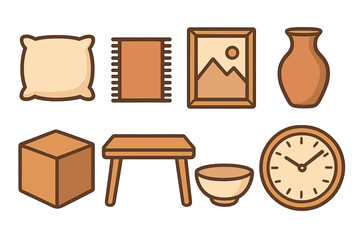 Simple home essentials icon set with pillow, rug, art, vase, table, and clock. Vector cartoon illustration of furniture and interior decor items for household design. Minimalist flat graphic elements.