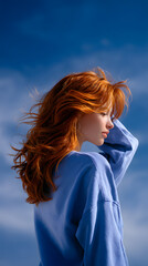  Young woman with long red hair blowing in the wind under a clear blue sky
