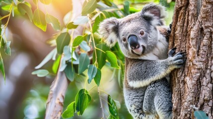 Fototapeta premium Koala Bear Climbing Tree in Natural Forest Setting with Green Foliage