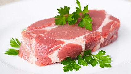 Raw pork chop with fresh parsley garnish on white plate