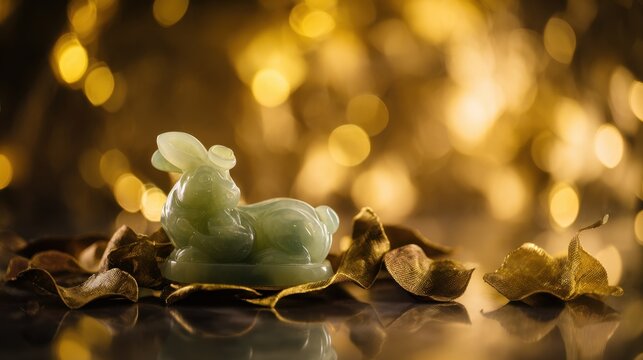Jade rabbit figurine amongosmanthus petals under moolight, golden foliage softy blurred in background.
