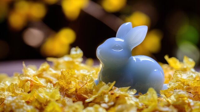 Jade rabbit figurine amongosmanthus petals under moolight, golden foliage softy blurred in background.
