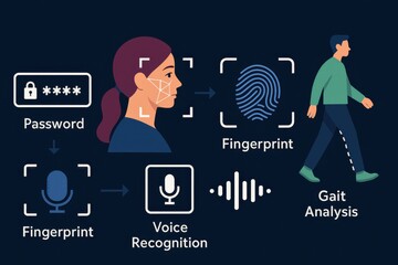Biometric authentication methods showing password, face, fingerprint, voice and gait analysis