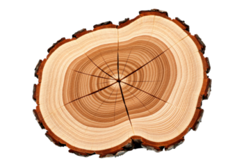 Cross-Section Wood Slice with Transparent Background, Natural Brown Texture, 3D Realism Design Element