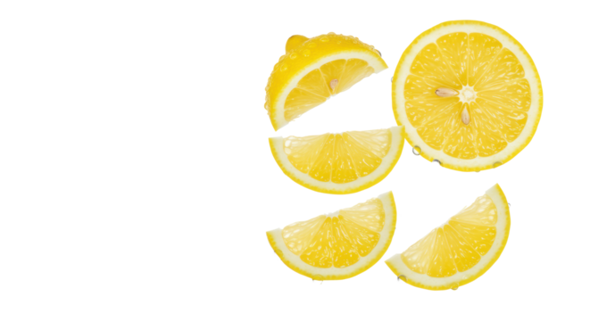 Vibrant yellow lemon slice and four segments with water droplets, suspended mid-air against a transparent background with copy space, concept of vibrant freshness, purity, and natural vitality.