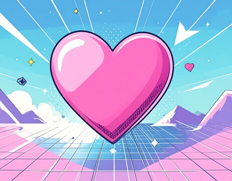Pink heart graphic, retro-futuristic aesthetic - Powered by Adobe