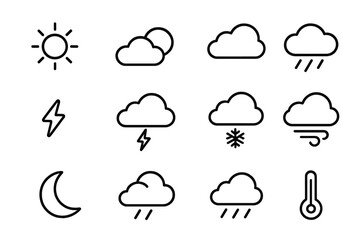 Weather forecast outline icon set. Simple meteorology and climate vector symbols for UI app. Line art pictogram collection includes sun, rain, snow, storm, and wind.