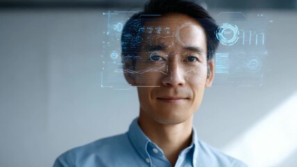 Asian businessman wearing a blue shirt interacts with a futuristic augmented reality interface, touching virtual elements with his hand and displaying data projections in front of his face - Powered by Adobe