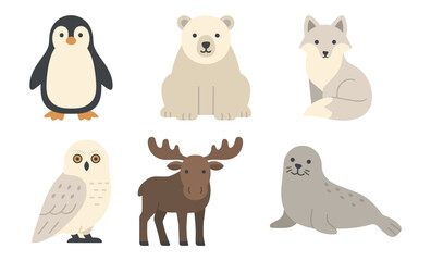 Naklejka premium Cute arctic animals collection featuring penguin, polar bear, fox, owl, moose, and seal