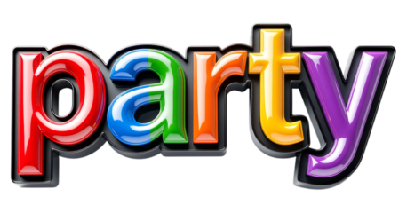 Glossy Multi-Colored Party Letters with Black Outline, 3D Realism Graphic for Web Design