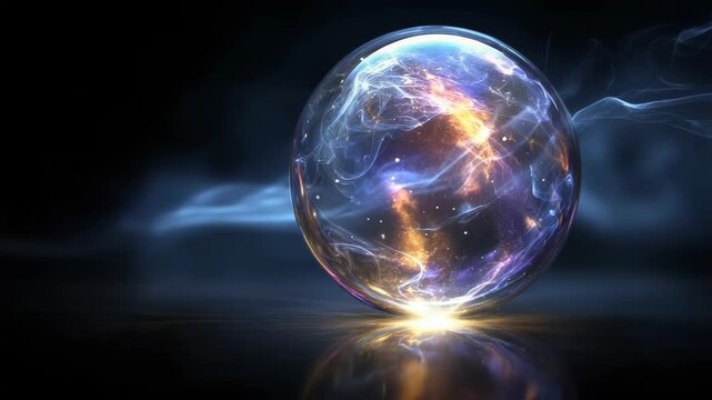 Mystical crystal ball with galaxy dust and light energy, spiritual magic