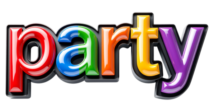 Glossy Multi-Colored Party Letters with Black Outline, 3D Realism Graphic for Web Design