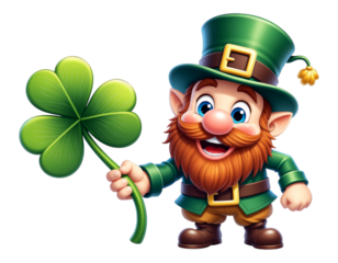 Glossy Green Leprechaun with Shamrock on Transparent Background, 3D Realism Illustration