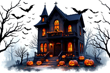 Fototapeta premium Haunted Victorian house with glowing windows and carved pumpkins on foggy front steps, eerie bats flying