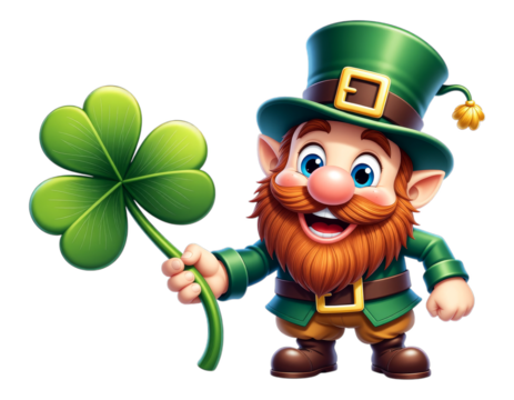 Glossy Green Leprechaun with Shamrock on Transparent Background, 3D Realism Illustration