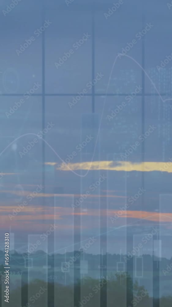 Wall mural animation of statistical data processing over aerial view of sunset sky and forest