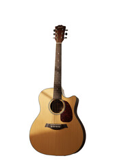 Fototapeta premium A pristine classic acoustic guitar, natural wood finish, dark wood headstock, minimalist studio with soft natural daylight, shallow depth of field, concept of personal expression