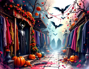 Moody gothic Halloween costume shop street with pumpkins, bats, cloaks and eerie figures creating spooky atmosphere