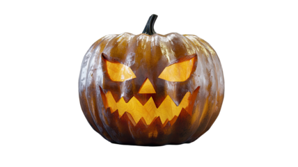 Smiling jack o lantern carved pumpkin glowing face Halloween decoration spooky festive symbol isolated on white background