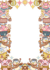 Pigs and penguins with a sweet tooth. Cartoon design composition of cute winter animals in warm clothes for a Christmas card design. Vertical isolated border frame without background.