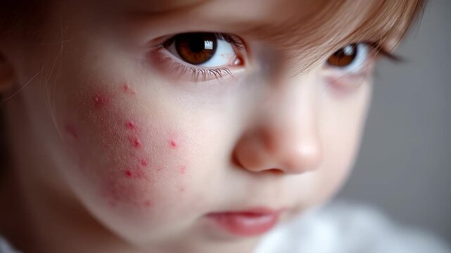 Close-up of child's face showing rash and sensitivity