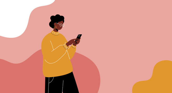 Modern Black woman uses smartphone, engaging with technology on a vibrant abstract background. Ideal for digital communication, social media, or lifestyle concepts.