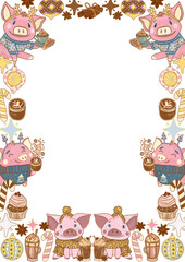 Cozy pink pigs in winter sweaters with hot Christmas drinks. Cartoon isolated animal frame template for invitation and greeting card design. New Year holiday clip art.