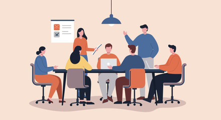 A team of diverse professionals collaborates in an office meeting, discussing ideas and planning projects. Represents teamwork, communication, and corporate strategy.