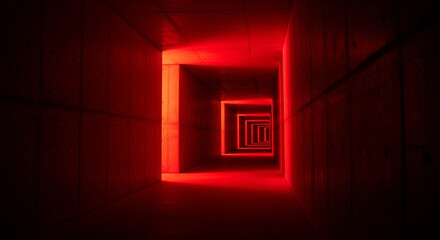 Fototapeta premium Dramatic red neon light illuminates abstract concrete hallway creating a futuristic and mysterious architectural perspective