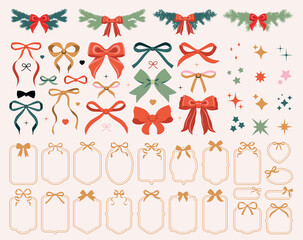 Red ribbon bow party garland. Bowknot for decoration, big set of color bowtie. Large retro hand drawn ribbon illustration set. Set of various cartoon bow knot, gentle gift ribbon decoration. Christmas