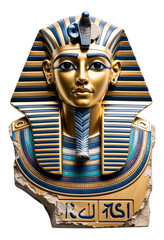 Golden Egyptian Pharaoh Mask with Blue Accents, Transparent Background, 3D Realism Graphic Asset