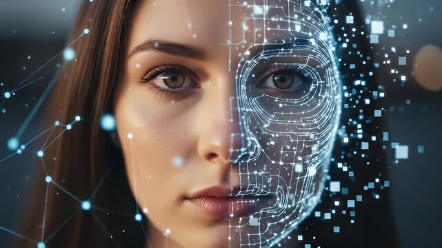 Half organic face, half circuit pattern; soft lighting, blurred background