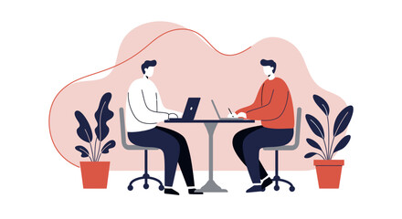 Two men collaborating on laptops and writing at a table in a modern office or co-working space, representing teamwork and productivity.