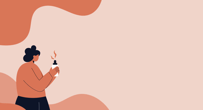 Minimalist illustration of a person using a dropper bottle, evoking concepts of wellness, self-care, beauty, natural products, and essential oils. Ideal for health, lifestyle, or skincare branding.