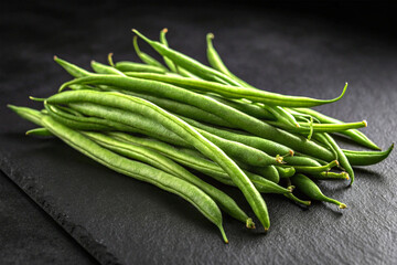 Fototapeta premium Fresh green string beans arranged on black background in high contrast close-up