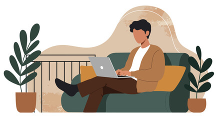 Fototapeta premium Young man working remotely on a laptop from the comfort of his home, representing freelance, digital nomad, and flexible modern lifestyle concepts.