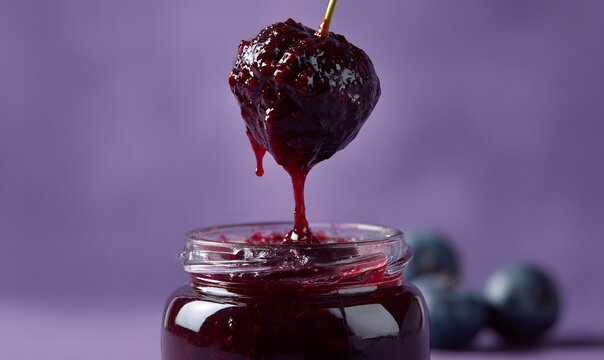 blueberry jam flows down the blueberry, isolated on violet background