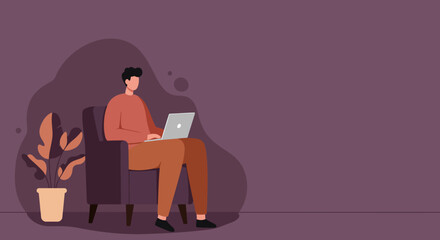 Man comfortably working on a laptop from home. Perfect for showcasing remote work, online learning, or a relaxed digital lifestyle.