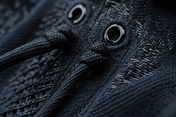 Close-up of a dark shoe with laces and metal eyelets.