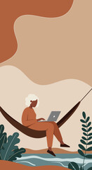 Relaxed woman working remotely on a laptop in a hammock, embracing flexible work and digital nomad lifestyle amidst a serene outdoor setting. Ideal for business, travel, and leisure concepts.