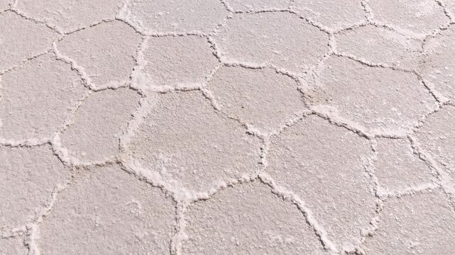 Aerial view of the stunning geometric patterns etched across the vast, arid expanse of the Salar de Uyuni salt flats, Potosi Department, Bolivia.
