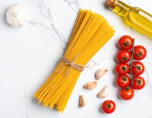 Raw ingredients for spaghetti recipe on marble background