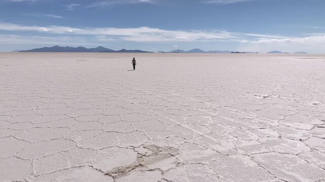 Aerial view of the expansive Salar de Uyuni, where the vast white salt flats meet the distant mountains under a blue sky, Potosi Department, Bolivia.