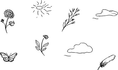 Naklejka premium Minimalist line art of airy nature with flowers, sun, and butterfly for aesthetic design