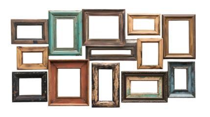 A collection of vintage styled rustic wooden frames in various sizes isolated on a transparent background