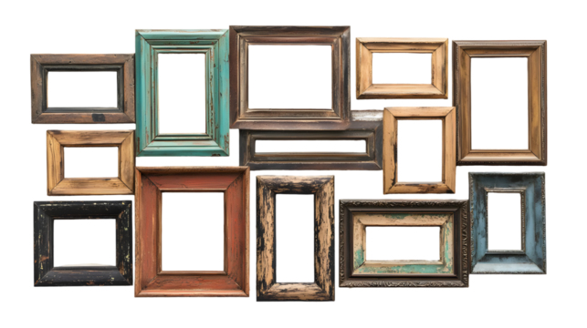 A collection of vintage styled rustic wooden frames in various sizes isolated on a transparent background