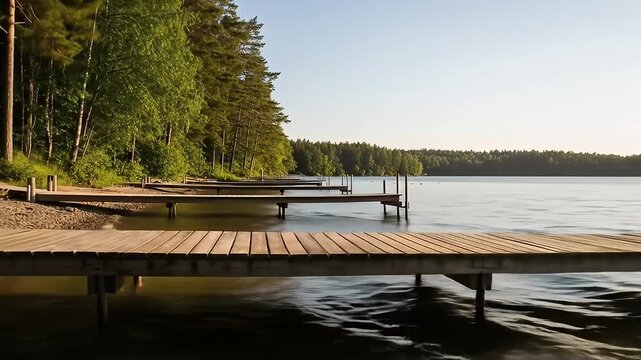 Wooden docks extend into a calm lake surrounded by lush green trees and clear sky
